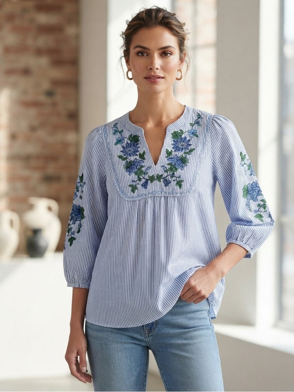 Talbots Embroidered Stripe Popover Top Large L Blue White Floral Peasant Blouse